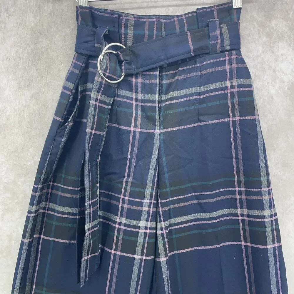 NY & Co 7th Ave 28x33 Women 2 Navy Pink Plaid Pants High Waist Wide Leg Academia - Picture 2 of 10